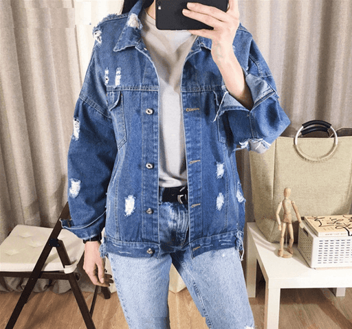 Womens Casual Jeans Jacket Patchwork Denim Ripped Hole S M L 
